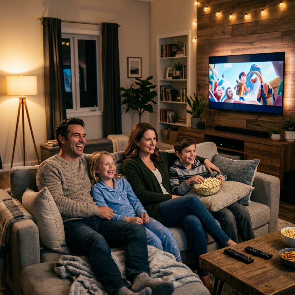 Família reunida assistindo programação 4K durante o Teste IPTV 7 Dias