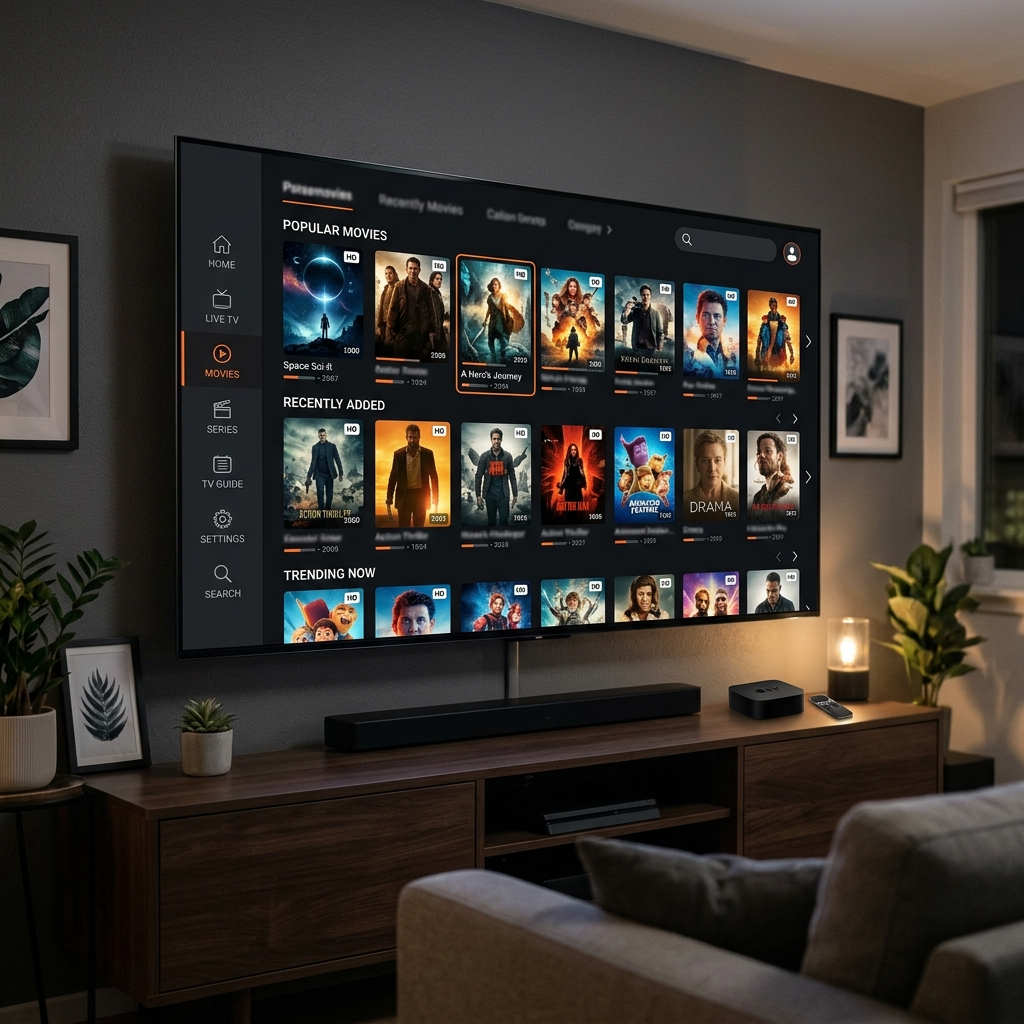 Interface do aplicativo XCIPTV Player configurado com Teste IPTV 4K